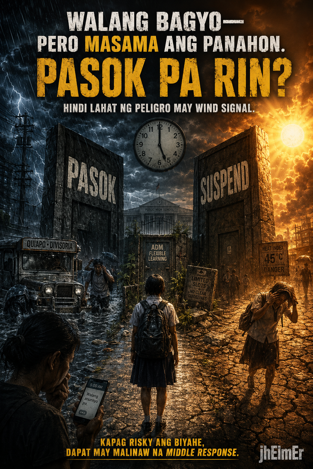 Simbolikong paglalarawan ng masamang panahon, pagpasok sa paaralan, class suspension, flexible learning, at pangangailangan ng malinaw na school response.