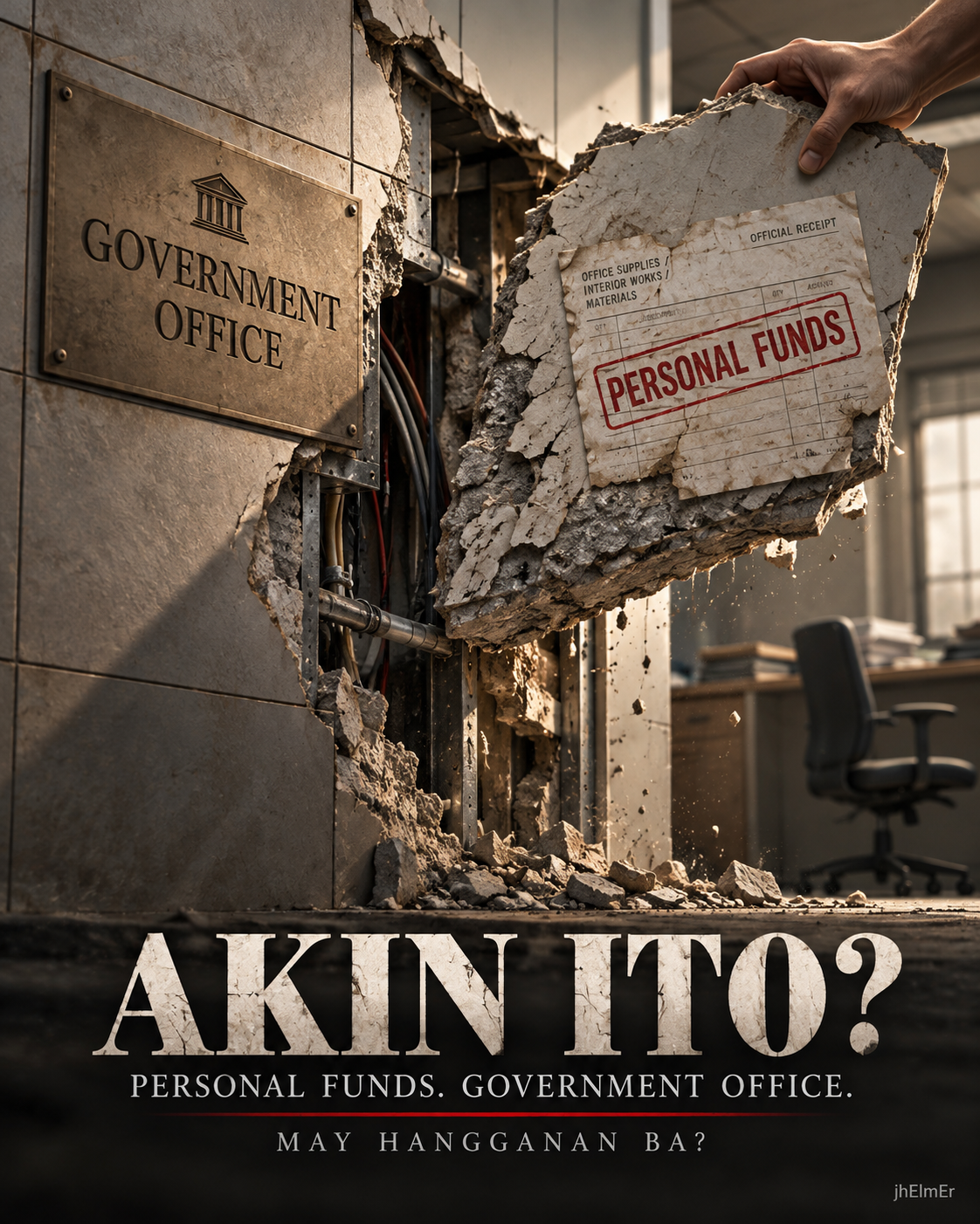 Government office na may tinanggal na wall fixture at sirang bahagi ng pader, kasama ang dokumentong may markang Personal Funds bilang simbolo ng ownership, authority, at property accountability.