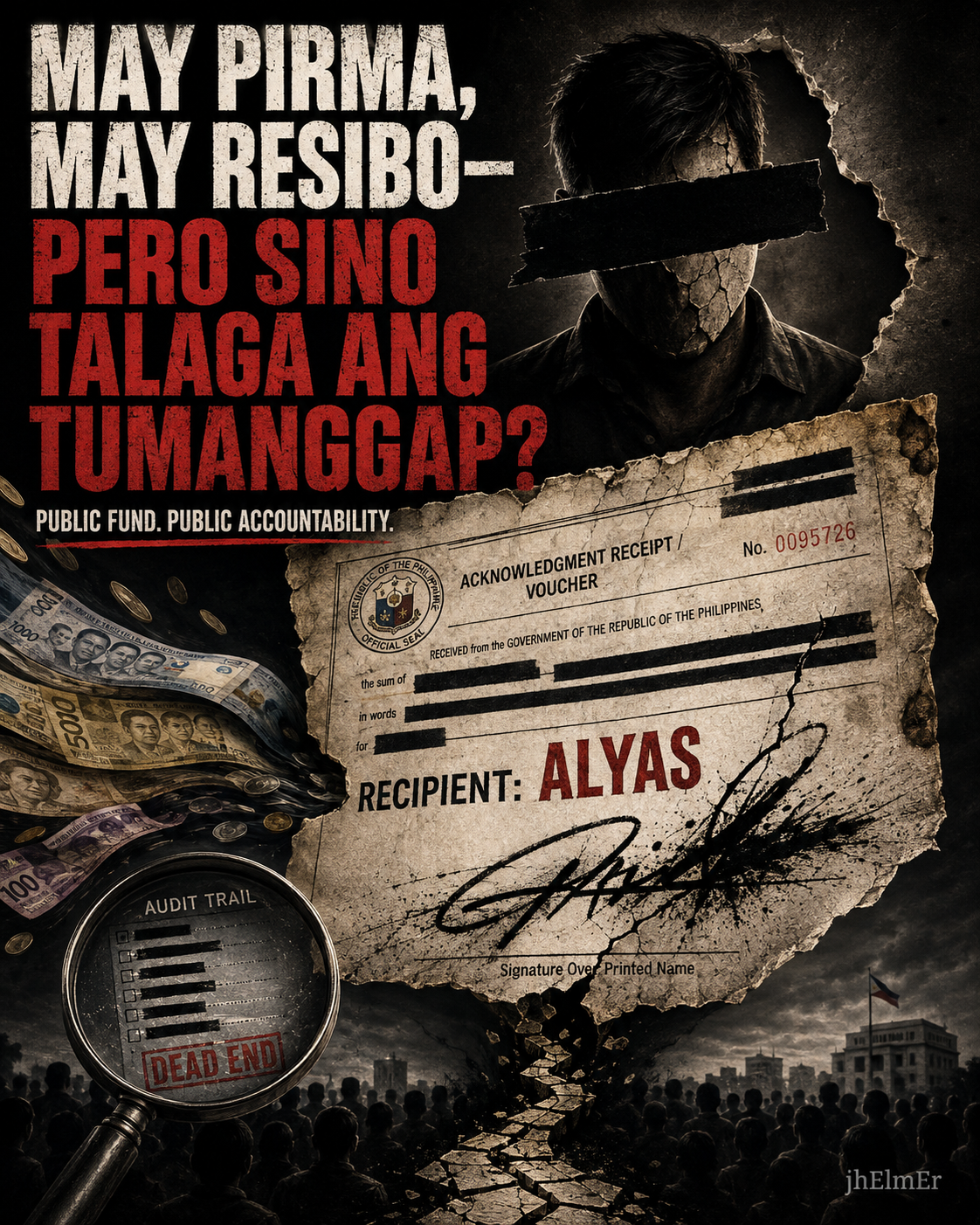 Simbolikong acknowledgment receipt na may nakasulat na 'Recipient: ALYAS' na sumasagisag sa usapin ng audit trail, public accountability, at paggamit ng alias sa public-fund transactions.