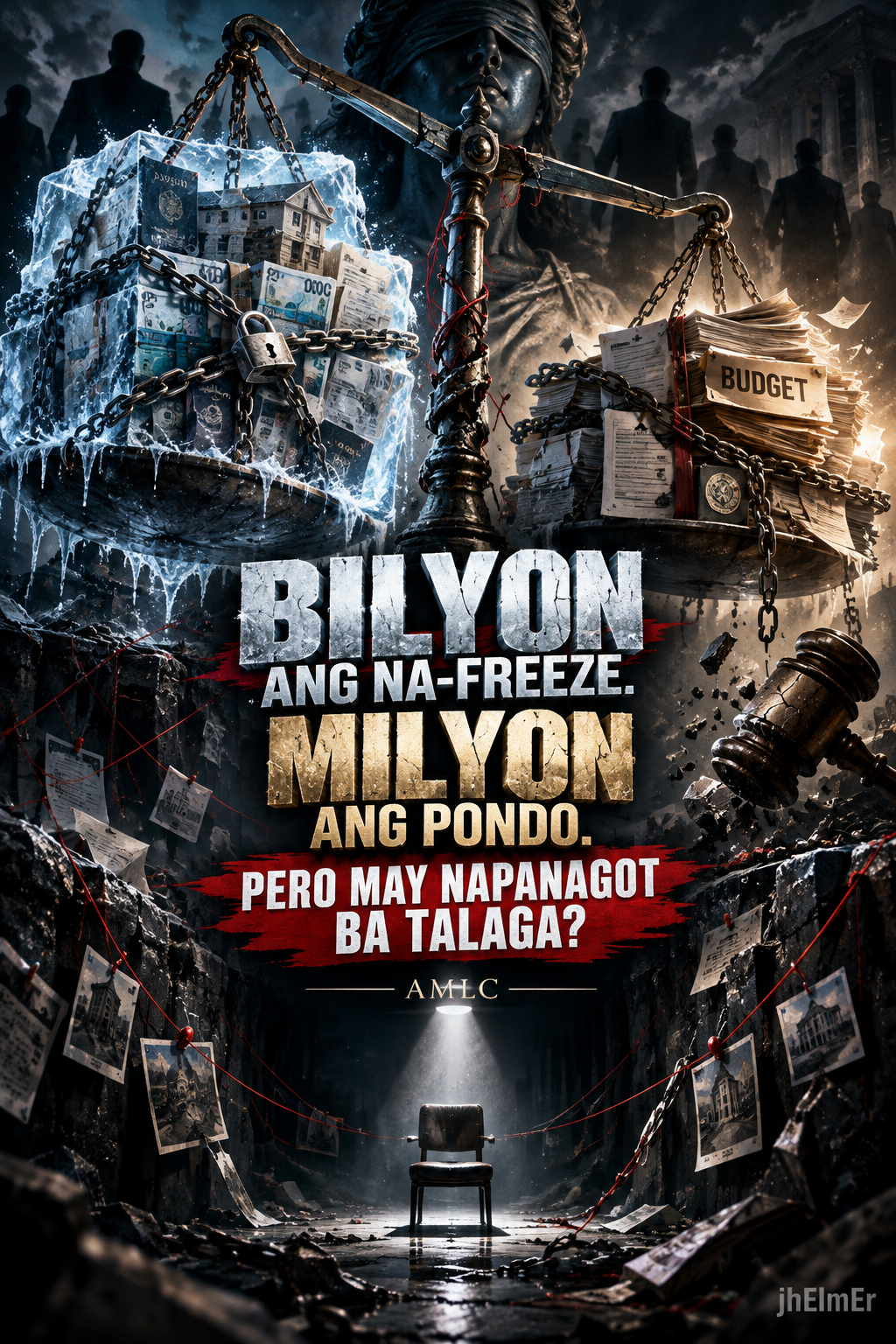 Simbolikong visual ng AMLC na may timbangan ng hustisya, frozen assets, budget documents, pera, kandado, at investigative evidence bilang representasyon ng financial intelligence, asset freezing, public funds, at pananagutan.