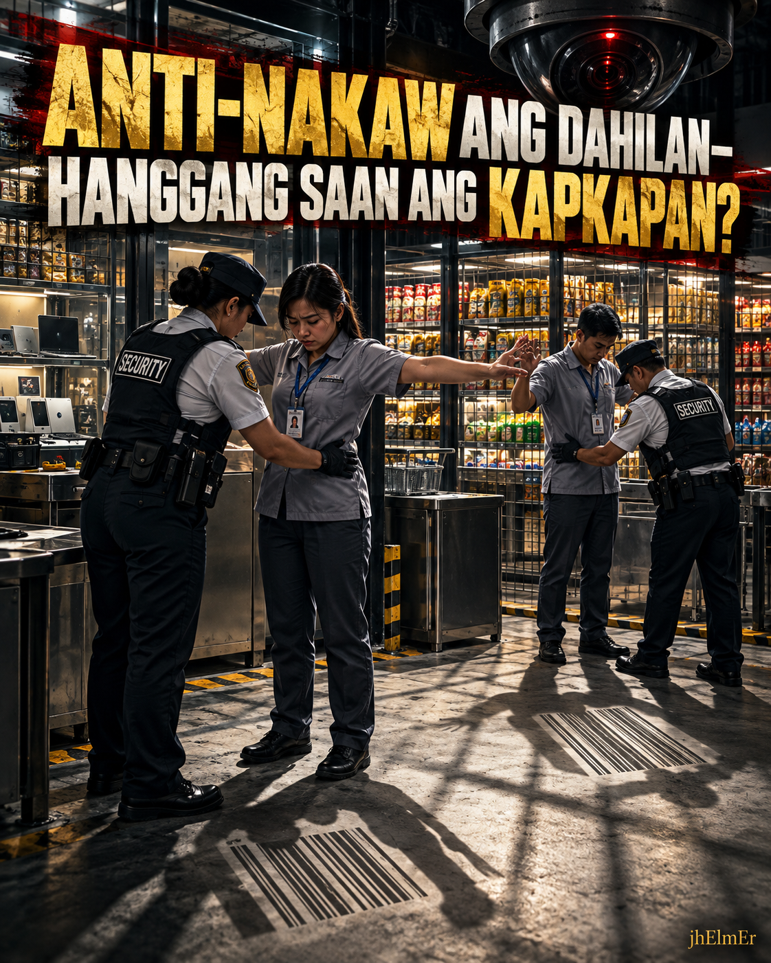 Simbolikong visual ng mga empleyadong sumasailalim sa security frisking sa workplace, kabilang ang babae-sa-babae at lalaki-sa-lalaki na inspeksyon, CCTV, retail products, at security personnel bilang representasyon ng anti-theft measures, body searches, privacy, dignity, consent, at workplace safeguards.
