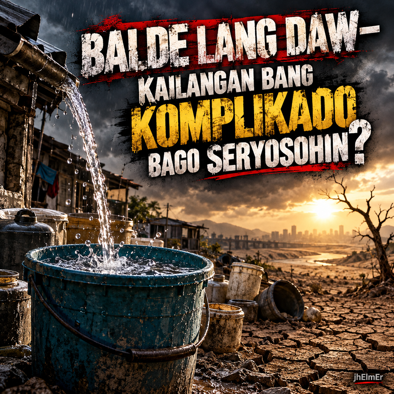 Simbolikong visual ng simpleng balde na sumasalo ng tubig-ulan sa gitna ng tuyong kapaligiran bilang representasyon ng rainwater harvesting, paghahanda sa El Niño, pagtitipid ng tubig, at limitasyon ng maliliit na hakbang.