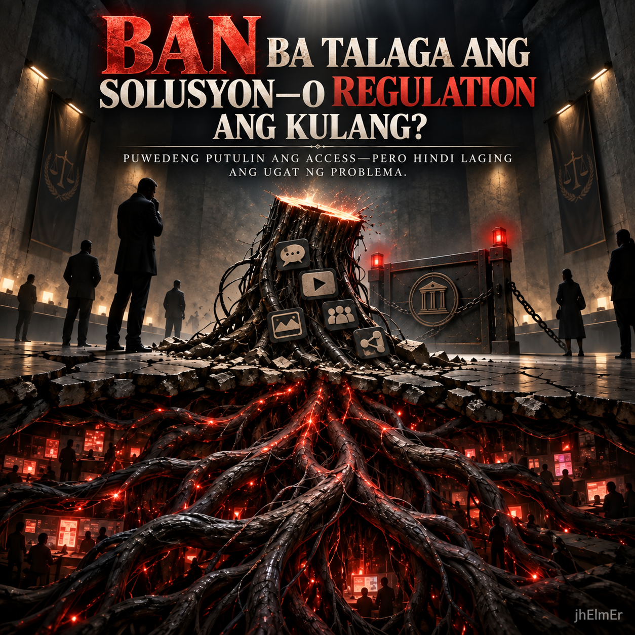 Isang simbolikong digital platform na nakatali sa mga kable at chain habang nasa harap ng gusaling may simbolo ng hustisya—sumasagisag sa usapin ng platform ban, regulation, accountability, at pagpapatupad ng batas sa digital services.