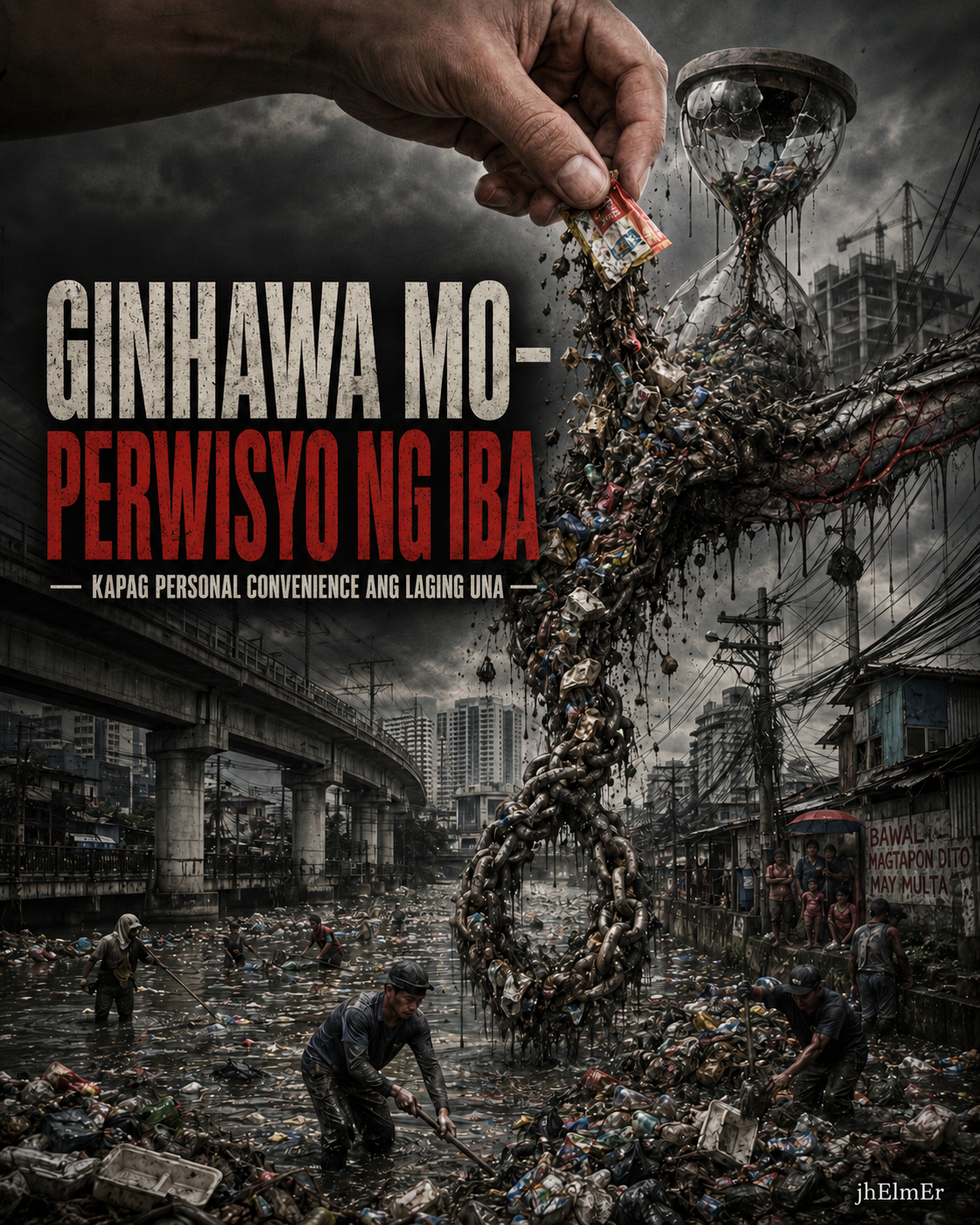 Simbolikong paglalarawan ng personal convenience na nagiging perwisyo sa iba—kamay na naghuhulog ng basura, sirang hourglass na gawa sa basura, at maruming komunidad na sumasalo ng epekto.