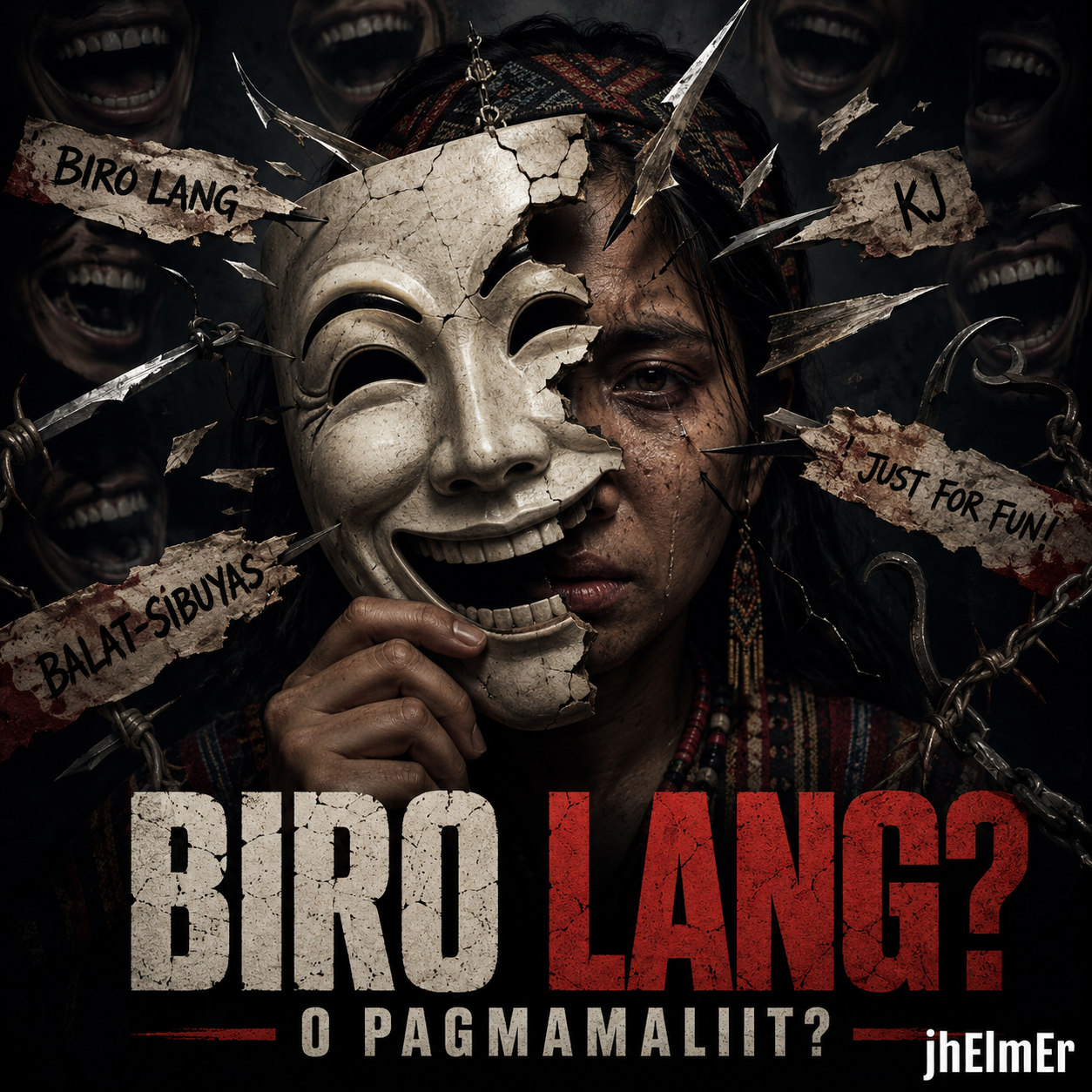 Simbolikong paglalarawan ng manipis na hangganan sa pagitan ng biro, stereotype, pagmamaliit, at dignidad ng tao.