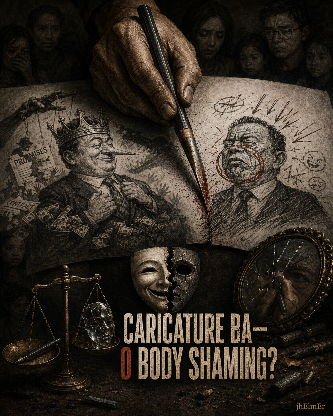 Simbolikong paglalarawan ng hangganan sa pagitan ng caricature bilang political satire at body shaming, gamit ang exaggerated drawing, basag na maskara, timbangan ng katarungan, at salamin bilang sagisag ng artistic freedom, human dignity, at pananagutan.