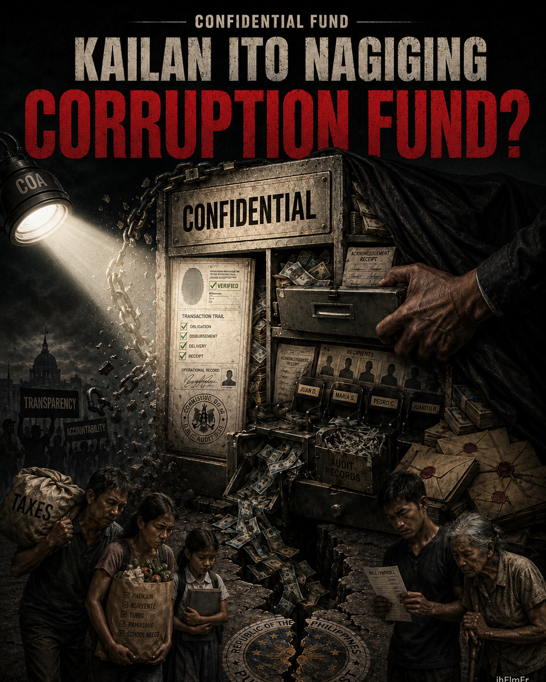 Simbolikong paglalarawan ng hangganan sa pagitan ng lehitimong confidential fund at corruption fund, gamit ang confidential records, audit documents, public funds, at pananagutan sa paggamit ng pera ng bayan.