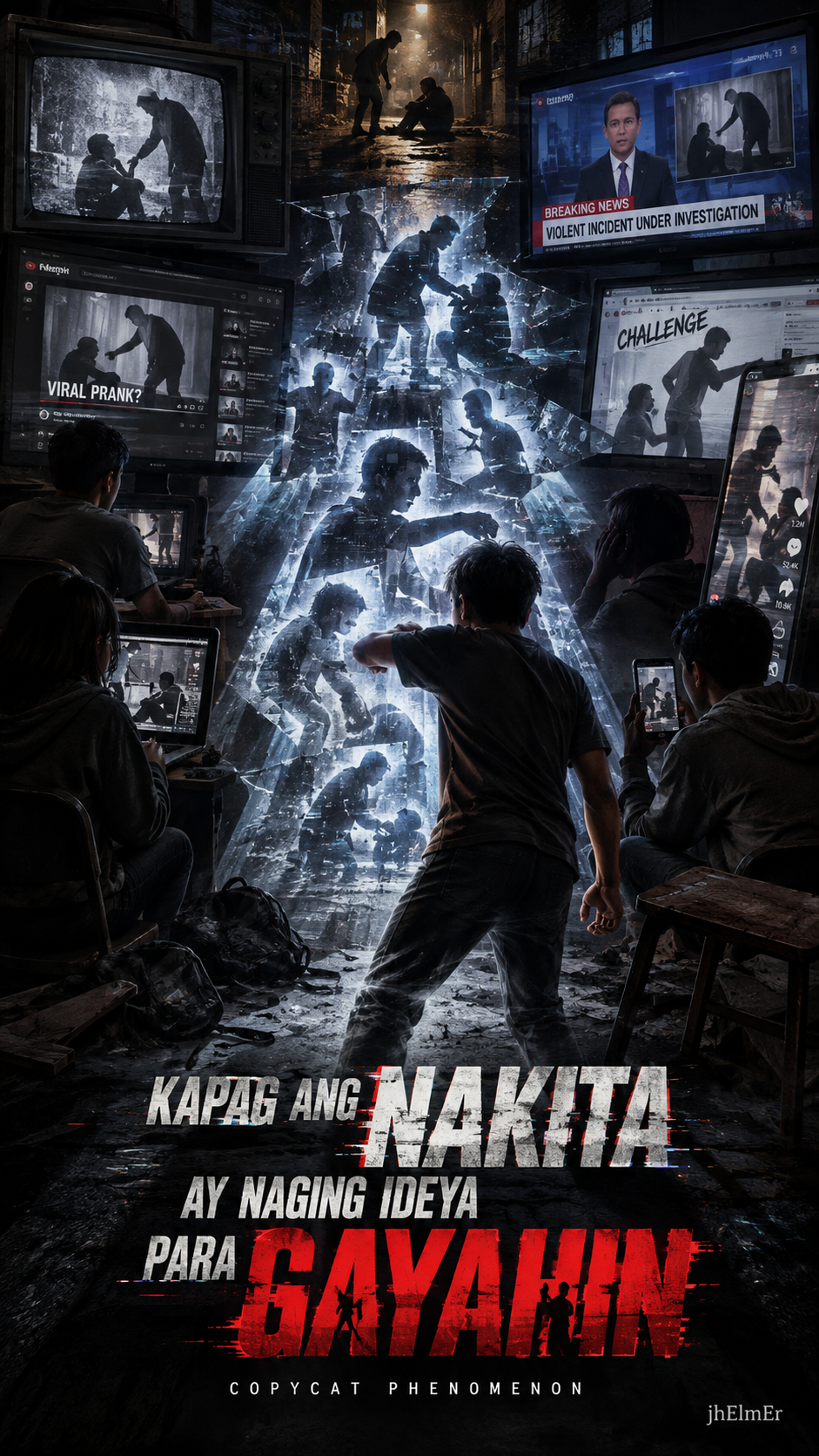 Simbolikong paglalarawan kung paano maaaring maging modelo ng paggaya ang paulit-ulit na pagpapakita ng isang harmful behavior sa media at social media, habang pinapanatili ang pagkakaiba ng awareness at demonstration.