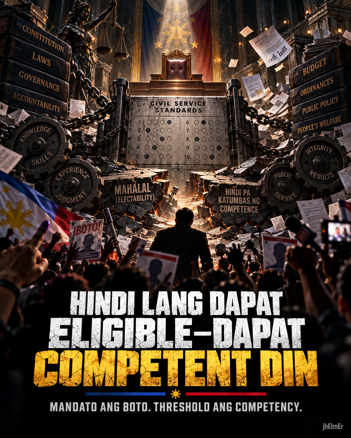 Isang simbolikong timbangan ng hustisya, mga dokumento ng pamahalaan, at competency scorecard sa harap ng isang pampublikong tanggapan—sumasagisag sa usapin ng eligibility, competency, at pananagutan sa elective public office.