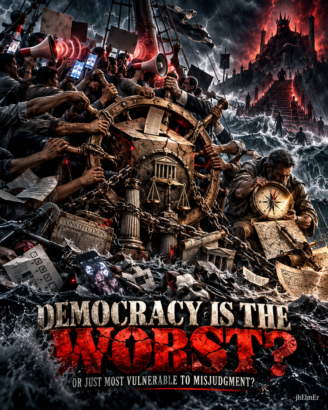 Democracy-themed symbolic visual showing political conflict, public influence, institutions, constitutional order, and the tension between popular power, knowledge, and accountability.