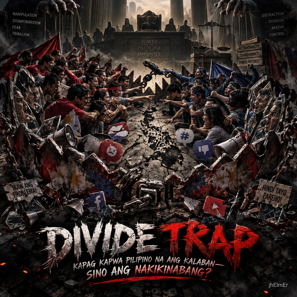 Simbolikong paglalarawan ng dalawang nagbabanggaang kampo ng mga ordinaryong Pilipino habang ang sentro ng kapangyarihan ay nananatiling nakaupo sa likuran, bilang representasyon ng Divide Trap kung saan ang pagkakahati ay maaaring maglihis ng pansin mula sa pananagutan at pampublikong interes.