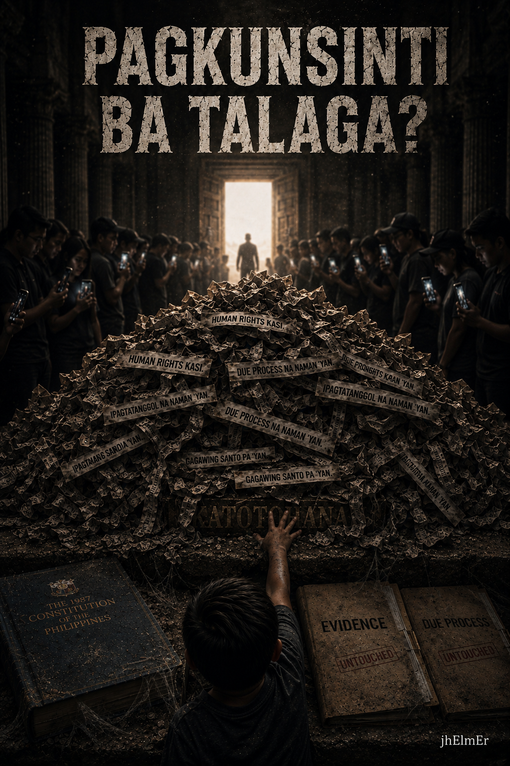 Isang taong nakatingin sa malaking bunton ng mga salitang 'Human Rights Kasi,' 'Due Process Na Naman 'Yan,' at iba pang paulit-ulit na banat, habang nasa harapan ang Konstitusyon at mga dokumentong may markang 'Evidence' at 'Due Process,' na sumisimbolo sa tensiyon sa pagitan ng emosyonal na paghatol at mga prinsipyong nagtitiyak ng makatarungang hustisya.