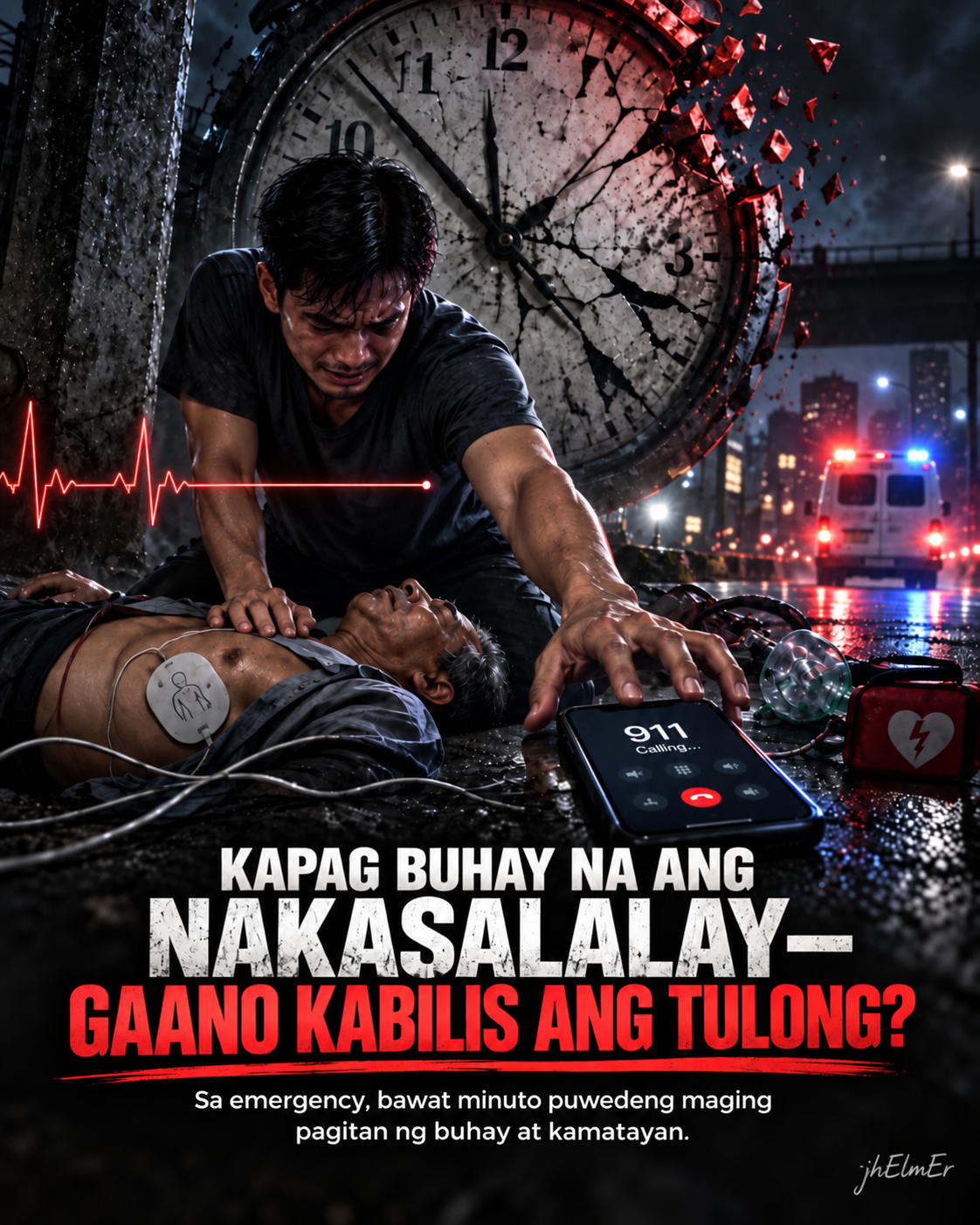 Simbolikong paglalarawan ng emergency response, Unified 911, prehospital care, at kahalagahan ng mabilis at handang emergency system kapag buhay ang nakasalalay.