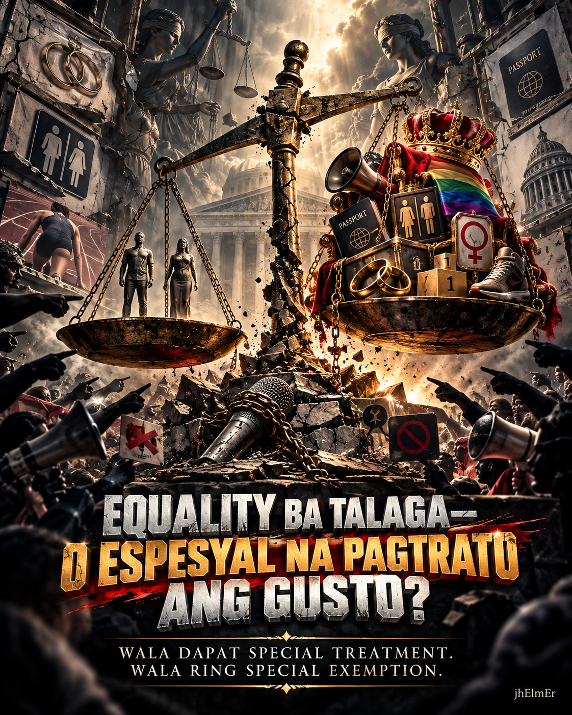 Simbolikong visual ng timbangan ng katarungan, lalaki at babae, LGBTQ+ symbols, passport, korona, public facility signs, microphones, at mga legal at institutional elements bilang representasyon ng equality, special treatment, gender identity, biological sex, legal recognition, sports, public policy, at pananagutan.