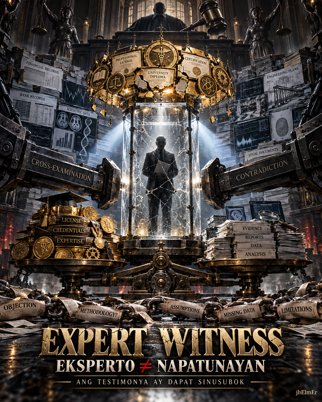 Simbolikong visual ng expert witness na napapalibutan ng professional credentials, technical records, scientific data, legal documents, methodology, assumptions, limitations, cross-examination, at ebidensiya bilang representasyon ng pagsusuri sa qualification at reliability ng expert testimony.