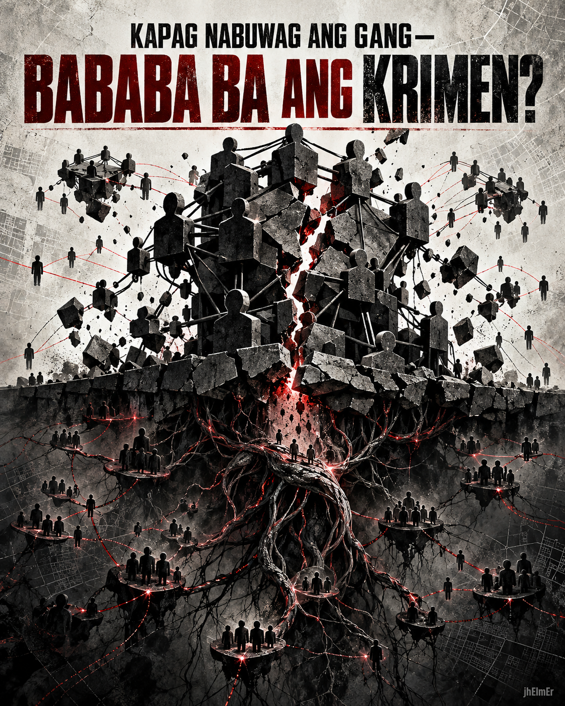 Simbolikong pagbagsak ng isang organisadong criminal network habang nananatiling buhay ang mga ugat ng koneksyon sa ilalim—sumasagisag sa pagkakaiba ng pagbuwag sa organisasyon at aktuwal na pagbabawas ng krimen.