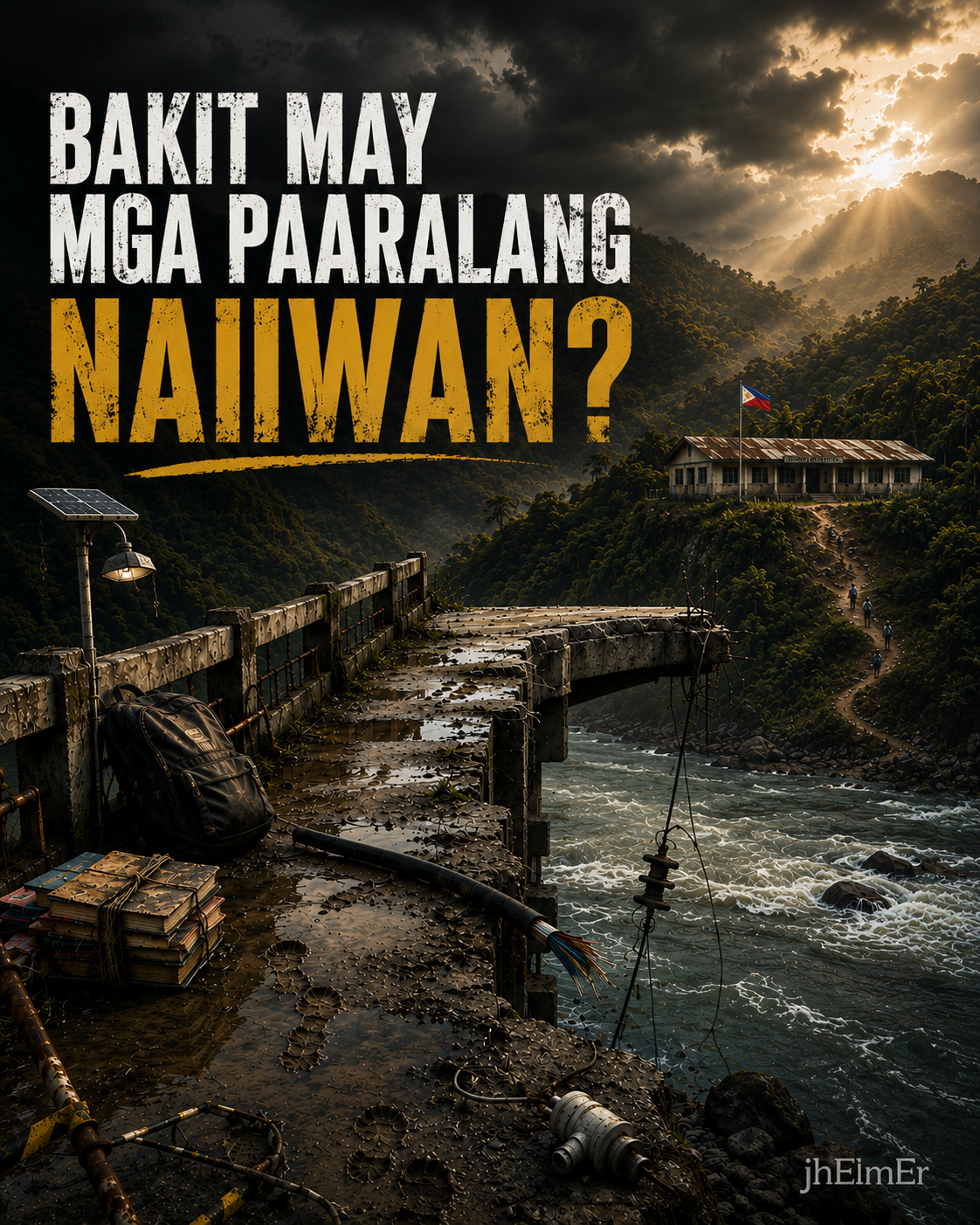Mga batang tumatawid sa ilog at naglalakad sa kabundukan patungo sa isang paaralang nasa Geographically Isolated and Disadvantaged Area (GIDA), na sumisimbolo sa mga hamon sa pag-access sa de-kalidad na edukasyon at sa layunin ng Republic Act No. 12321 na mailapit ang suporta sa Last Mile Schools.