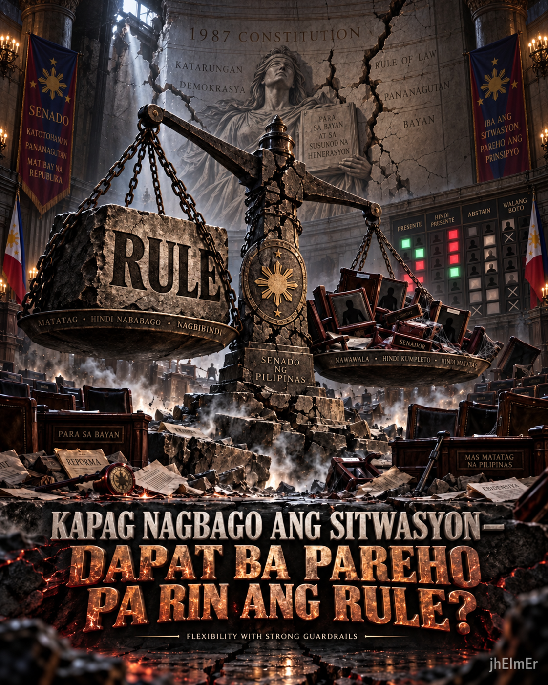 Simbolikong timbangan ng batas na sumusukat sa balanse ng constitutional stability, flexibility, at guardrails sa gitna ng extraordinary circumstances.