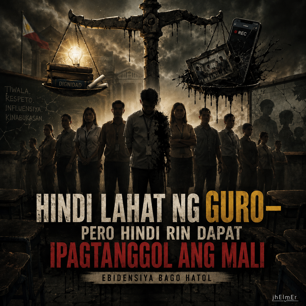 Simbolikong paglalarawan ng professional accountability ng mga guro, ebidensiya, at patas na pananagutan.