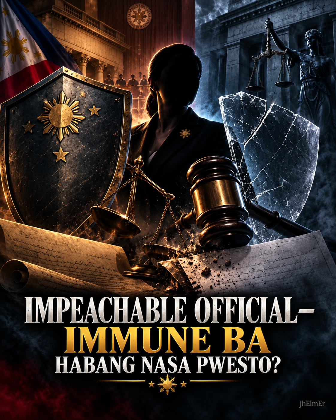 Simbolikong paglalarawan ng usapin sa limited procedural immunity ng isang impeachable officer, kasama ang mga simbolo ng Konstitusyon, hustisya, at pananagutan.