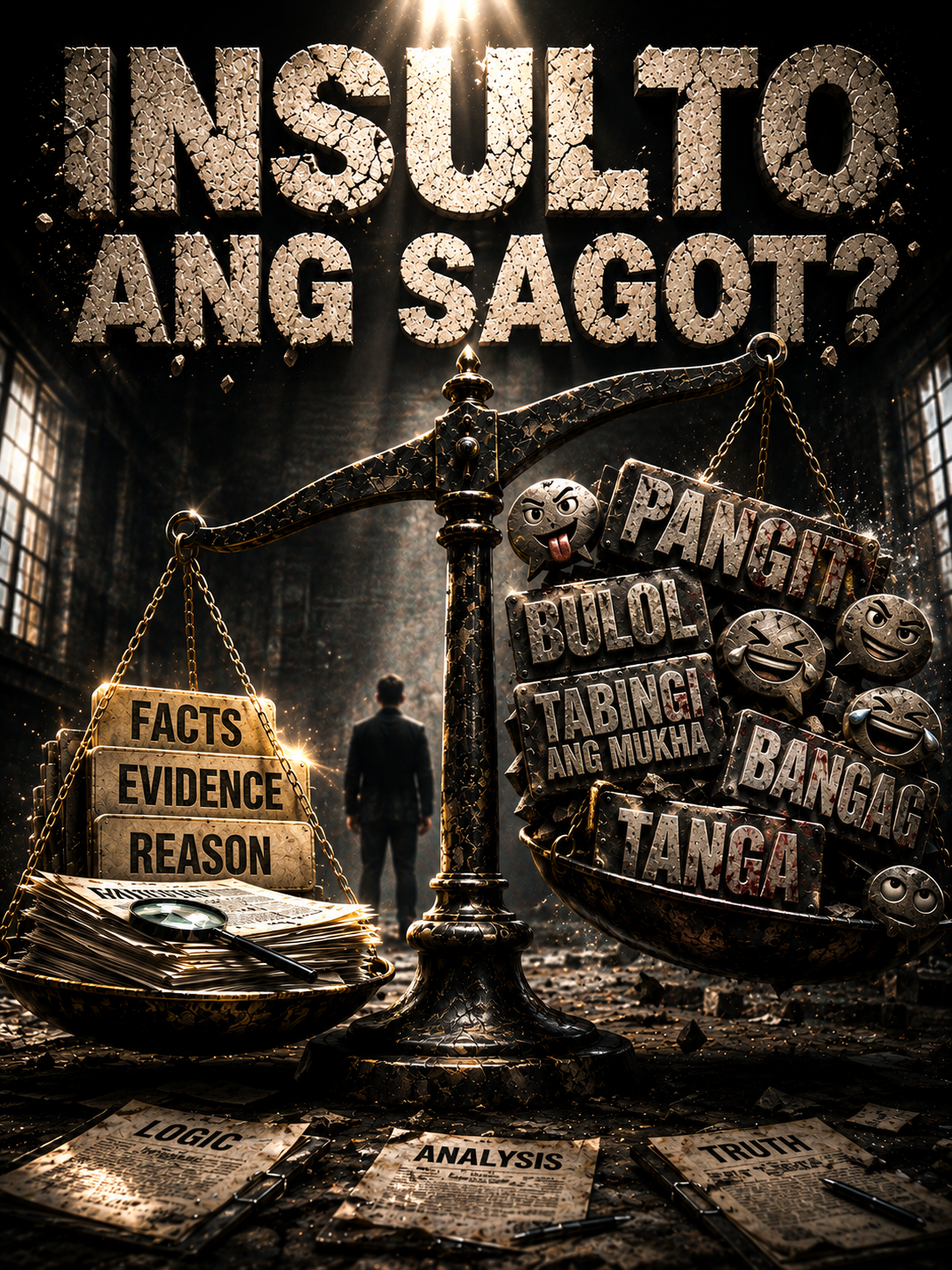 Simbolikong paglalarawan ng personal na pang-iinsulto bilang kapalit ng ebidensiya at matinong pangangatwiran sa pampublikong talakayan.