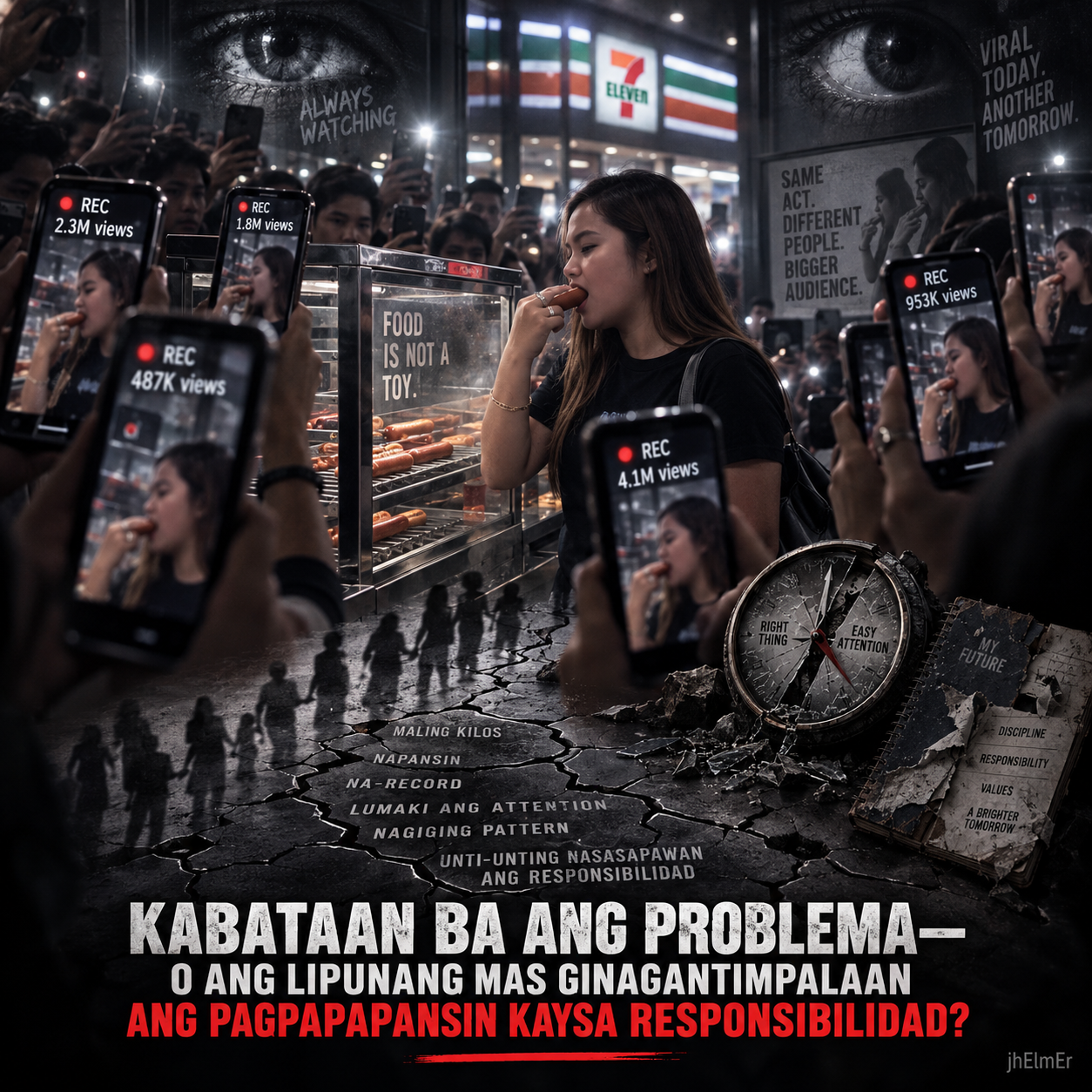 Simbolikong paglalarawan ng isang kabataang nakapalibot sa mga cellphone at cameras habang nangingibabaw ang attention economy, peer influence, at responsibilidad sa digital culture.