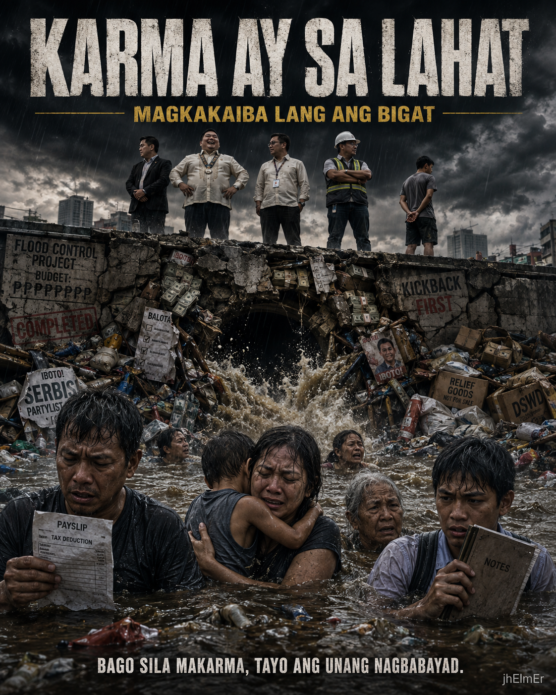 Simbolikong paglalarawan ng korapsyon at iba pang maling sistemang pampubliko kung saan habang nakikinabang ang iilan, ang ordinaryong mamamayan ang unang nagdurusa sa baha, sirang serbisyo, at iba pang kolektibong consequence ng mga maling desisyon.