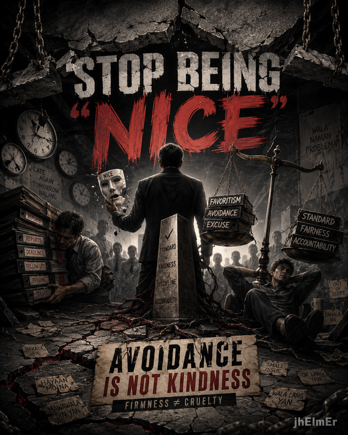 Symbolikong paglalarawan ng pamumuno, accountability, fairness, empathy, at maling pag-unawa sa 'Stop Being Nice' bilang sukatan ng mahusay na liderato.