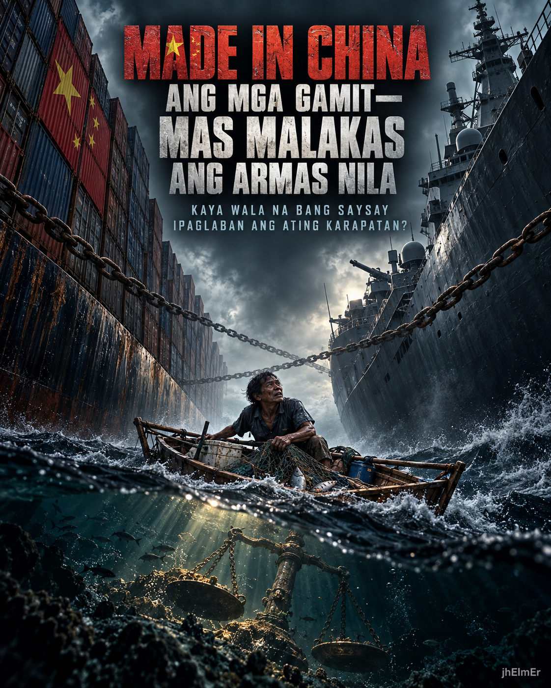 Simbolikong visual ng mga shipping container na may Chinese markings, malalaking barkong pandigma, isang maliit na bangkang Pilipino, at timbangan ng katarungan sa ilalim ng dagat bilang representasyon ng trade dependence, military imbalance, West Philippine Sea, international law, at pambansang karapatan.