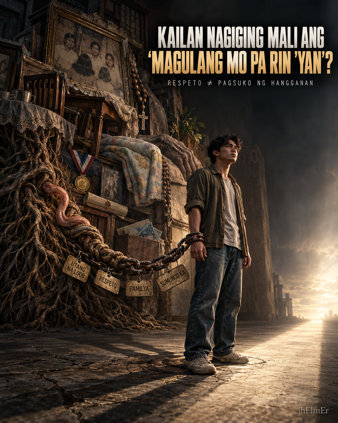 Simbolikong paglalarawan ng isang adult na anak na nakatali sa mga tanikala na may mga salitang utang na loob, respeto, pamilya at pagsunod, habang nakatanaw sa sariling direksiyon bilang representasyon ng hangganan sa pagitan ng paggalang, pananagutan at personal na awtonomiya.