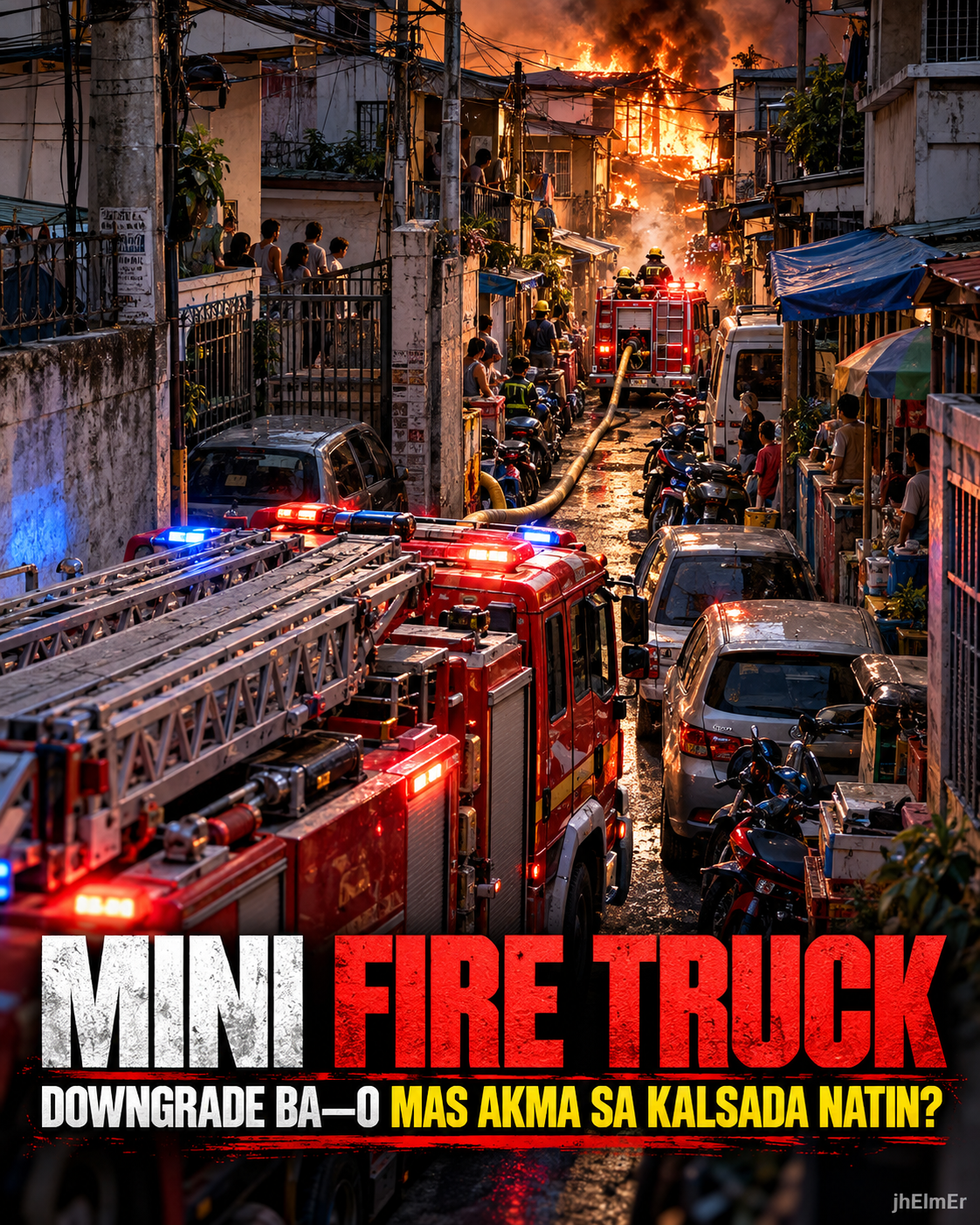 Mini fire truck at malalaking fire trucks sa masikip na urban road habang may sunog
