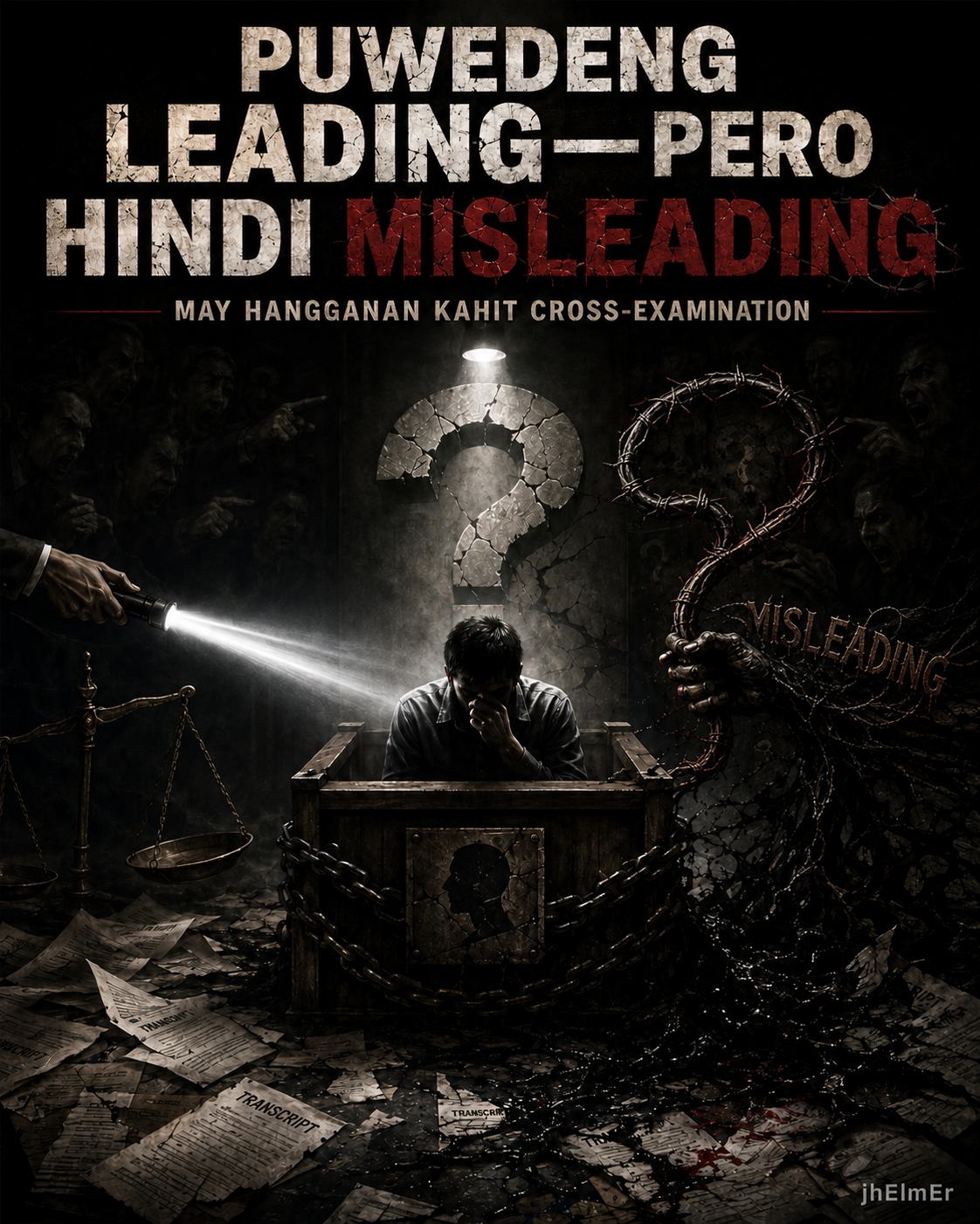 Simbolikong paglalarawan ng pagkakaiba ng leading at misleading questions sa cross-examination, na nagpapakita ng hangganan ng wastong pagtatanong sa ilalim ng Rules of Evidence.