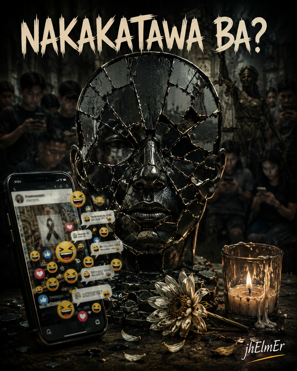 Basag na mukha sa gitna ng mga taong gumagamit ng social media, kasama ang cellphone na puno ng laughing reactions, bulaklak, at kandila