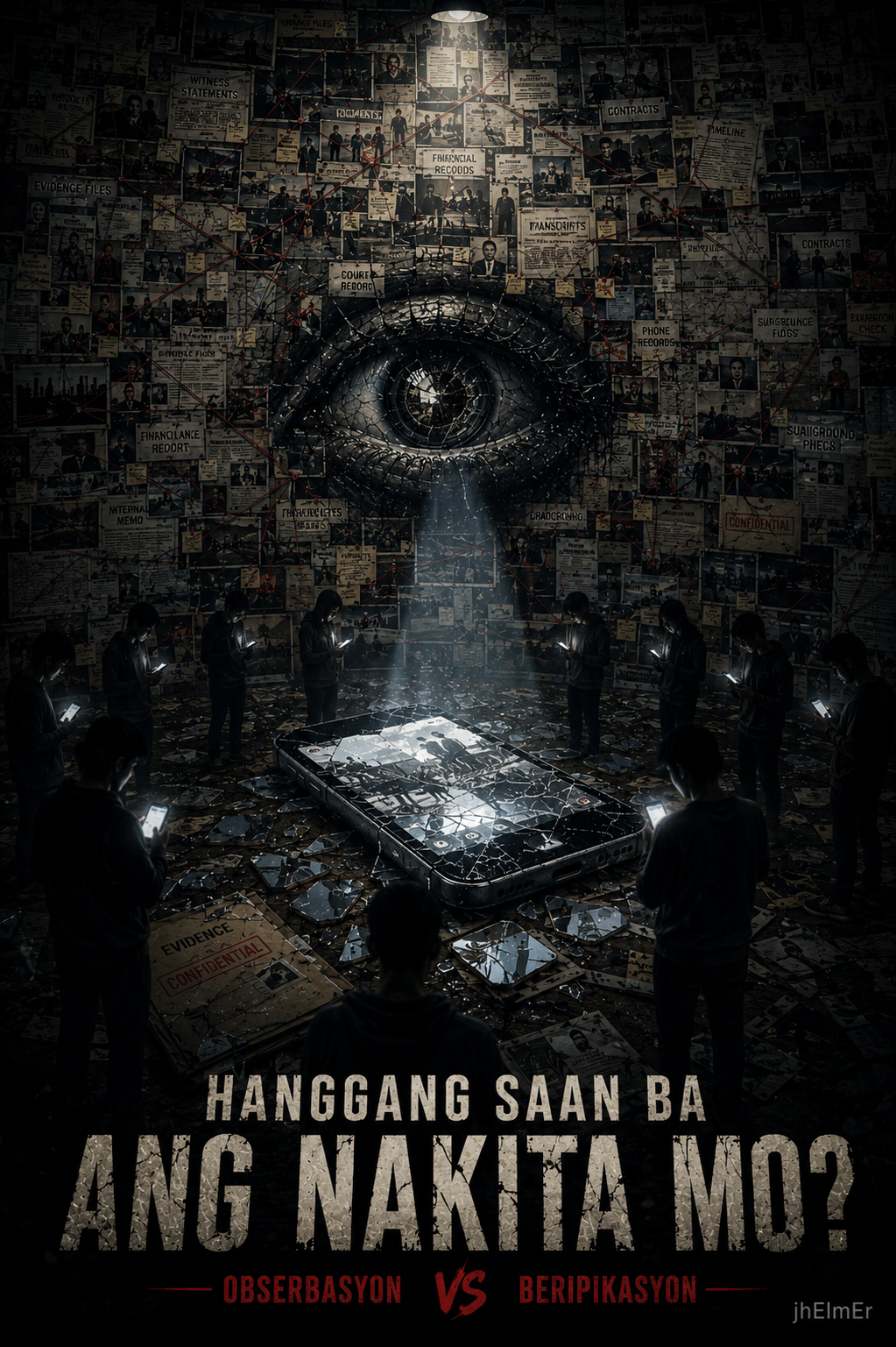 Simbolikong larawan ng isang malaking matang napalilibutan ng mga dokumento, ebidensiya, tala, at mga taong nagsusuri sa impormasyong nagmula sa social media