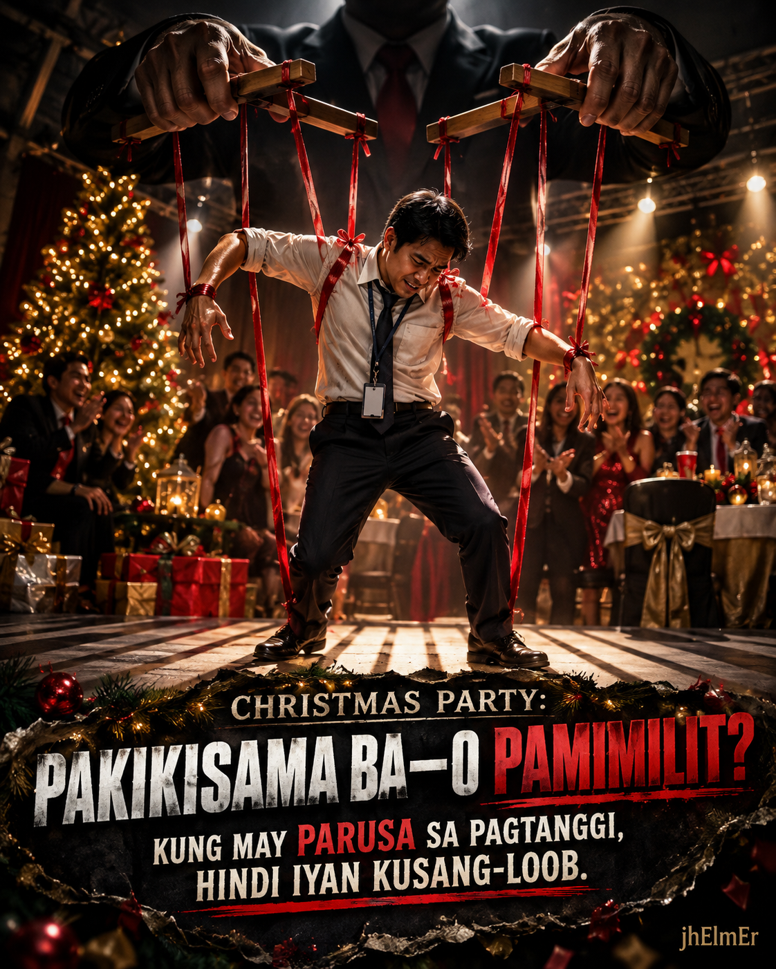Simbolikong visual ng empleyadong tila kinokontrol ng mga tali na parang marionette habang nasa Christmas party, kasama ang mga katrabaho at nakatataas bilang representasyon ng workplace pressure, forced performance, pakikisama, pamimilit, consent, at karapatang tumanggi.