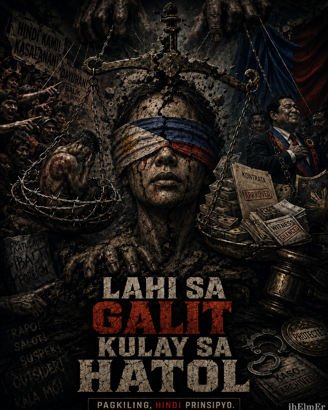Isang taong nakapiring ng punit at bitak na watawat ng Pilipinas habang nakasabit sa timbangan ng hustisya, napapalibutan ng magkaibang reaksiyon at simbolo ng dobleng pamantayan, upang ilarawan ang pagkakaiba ng tunay na patriotismo at pagkiling sa pananagutan.