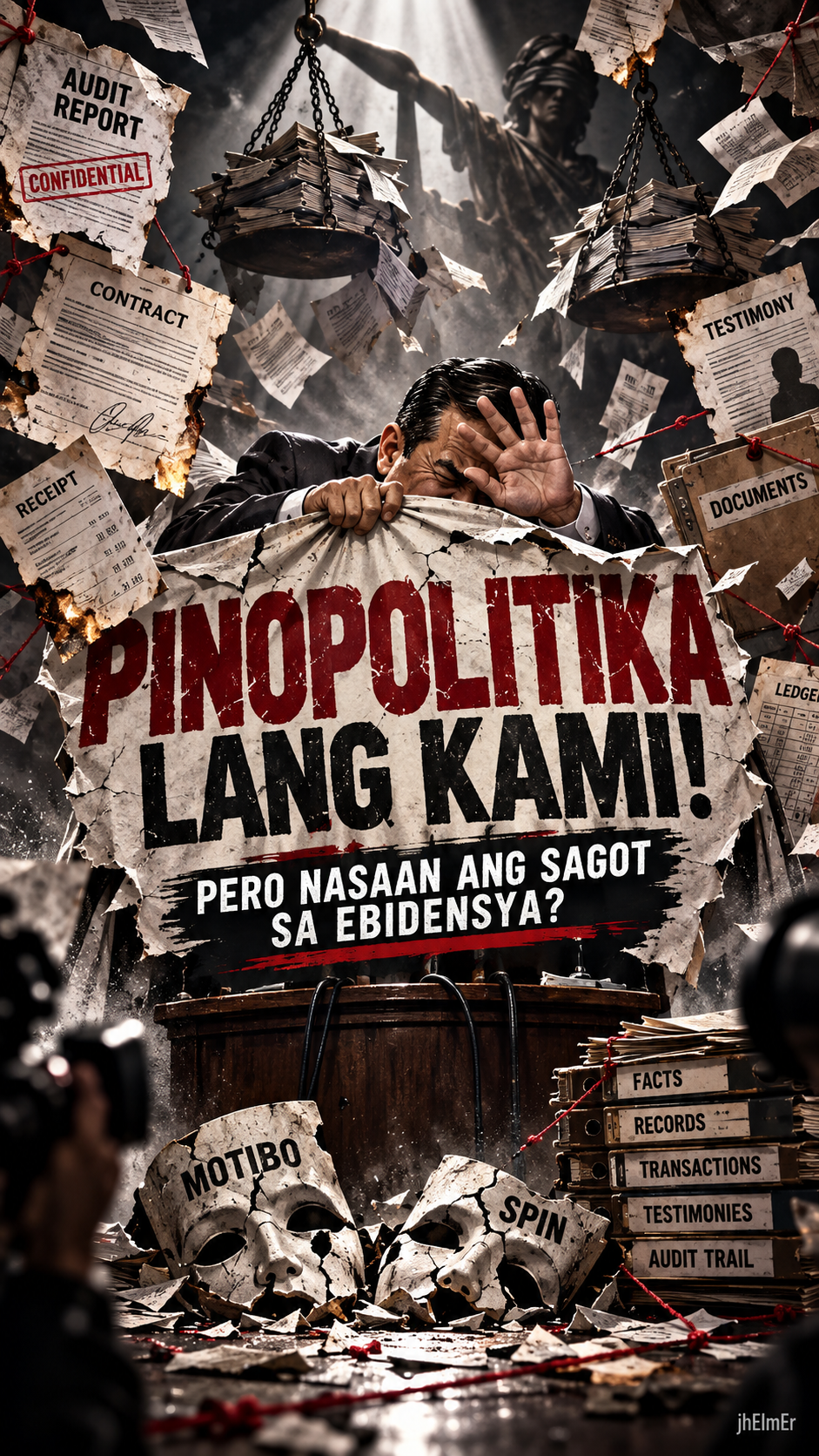 Simbolikong paglalarawan ng isang opisyal na nagtatago sa likod ng panawagang 'Pinopolitika Lang Kami' habang nakapaligid ang mga dokumento, audit reports, testimonya, at iba pang ebidensya na dapat suriin.