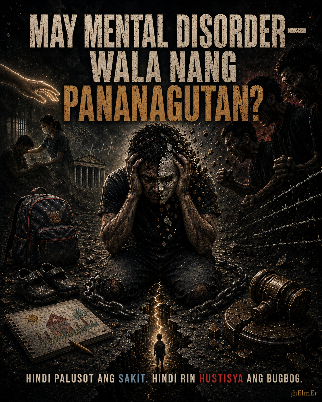 Isang taong nasa gitna ng emosyonal at sikolohikal na pagdurusa, napapalibutan ng galit na mga tao, simbolo ng tensiyon sa pagitan ng mental disorder, pananagutan, proteksiyon sa biktima, at due process.