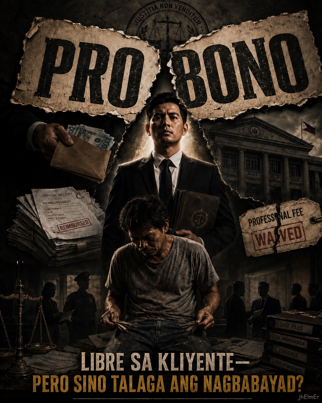 Simbolikong paglalarawan ng pro bono legal service, professional fee, public legal aid, at iba't ibang pinagmumulan ng bayad sa legal representation.