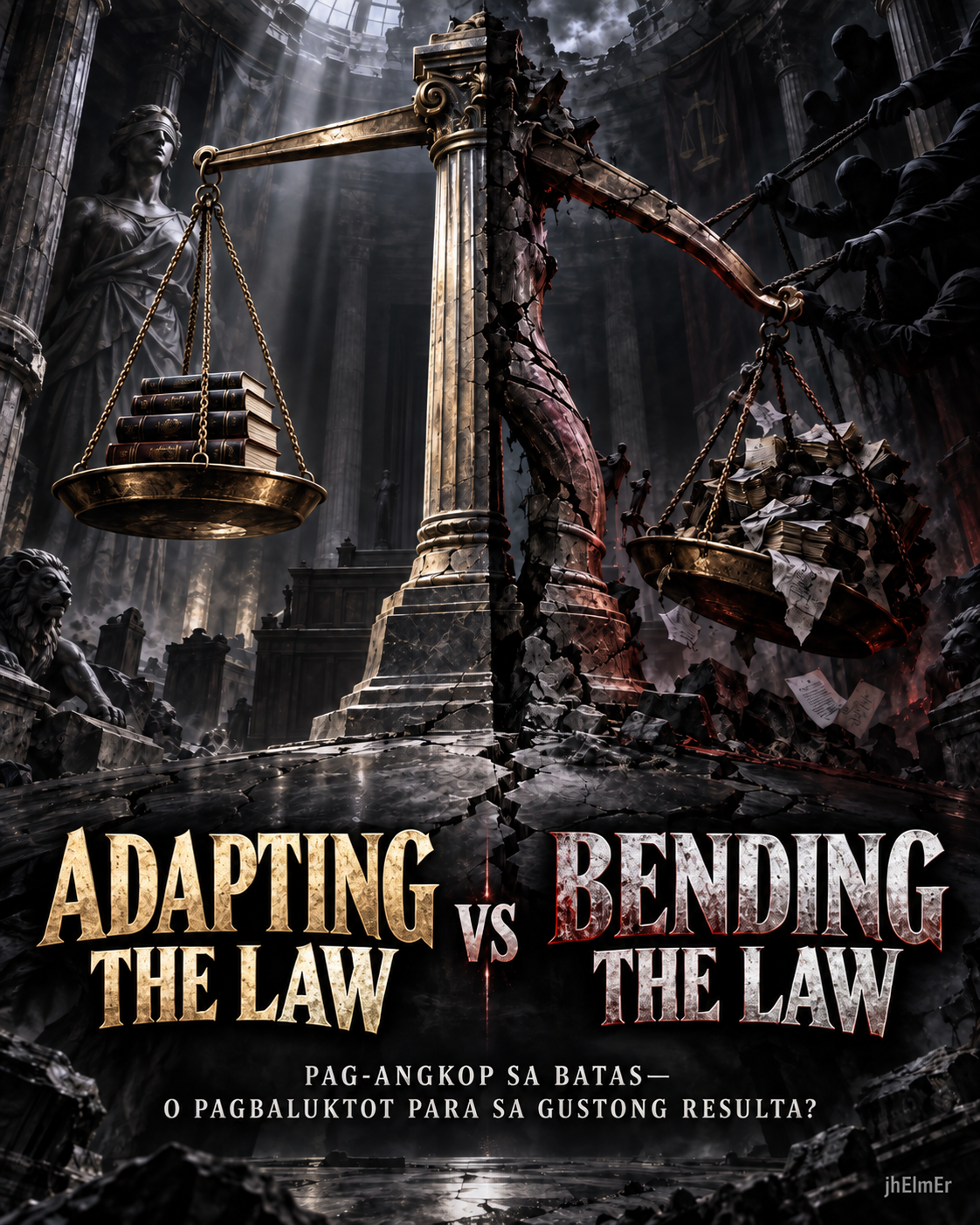 Simbolikong paghahambing ng ADAPTING THE LAW at BENDING THE LAW gamit ang timbangan ng hustisya, constitutional boundaries, at pagbaluktot ng batas para sa gustong resulta.