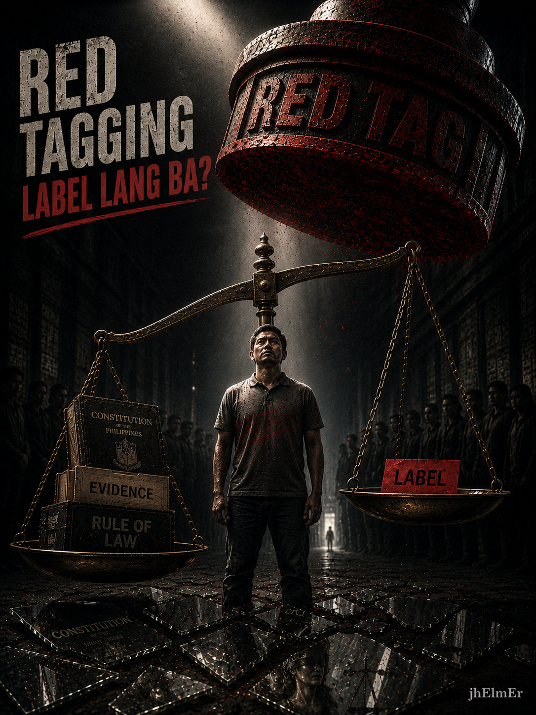 Simbolikong paglalarawan ng red-tagging, kung saan mas mabigat ang ebidensiya, Konstitusyon, at rule of law kaysa sa isang label lamang.