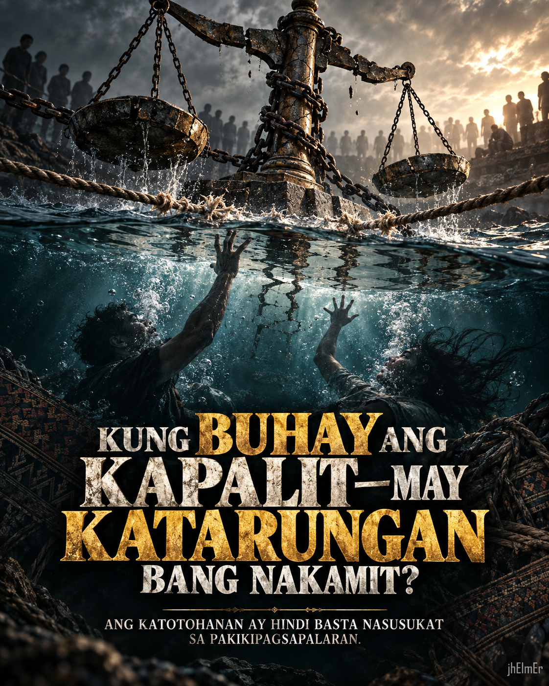 Simbolikong visual ng timbangan ng katarungan na nakagapos sa gitna ng mapanganib na tubig habang may mga taong nalulunod, bilang representasyon ng customary justice, tradisyon, Rule of Law, kaligtasan, at dignidad.