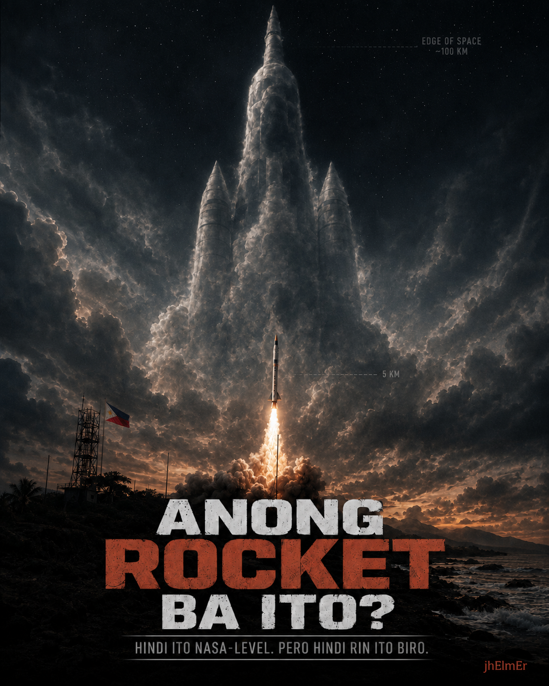 Isang liquid-fueled sounding rocket na inilulunsad mula sa baybayin ng Pilipinas habang nangingibabaw sa kalangitan ang simbolikong higanteng rocket, na kumakatawan sa pagitan ng kasalukuyang kakayahan at pangmatagalang ambisyon ng bansa sa aerospace technology.