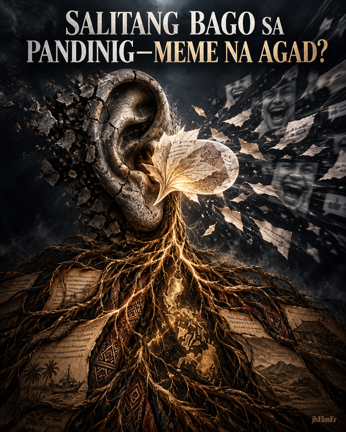 Simbolikong visual ng malaking tainga, mga lumilipad na piraso ng teksto, ugat ng wika at kulturang Pilipino bilang representasyon ng bagong salitang naririnig, memes, lokal na wika, kasaysayan, at pag-unawa sa pinagmulan ng salita.