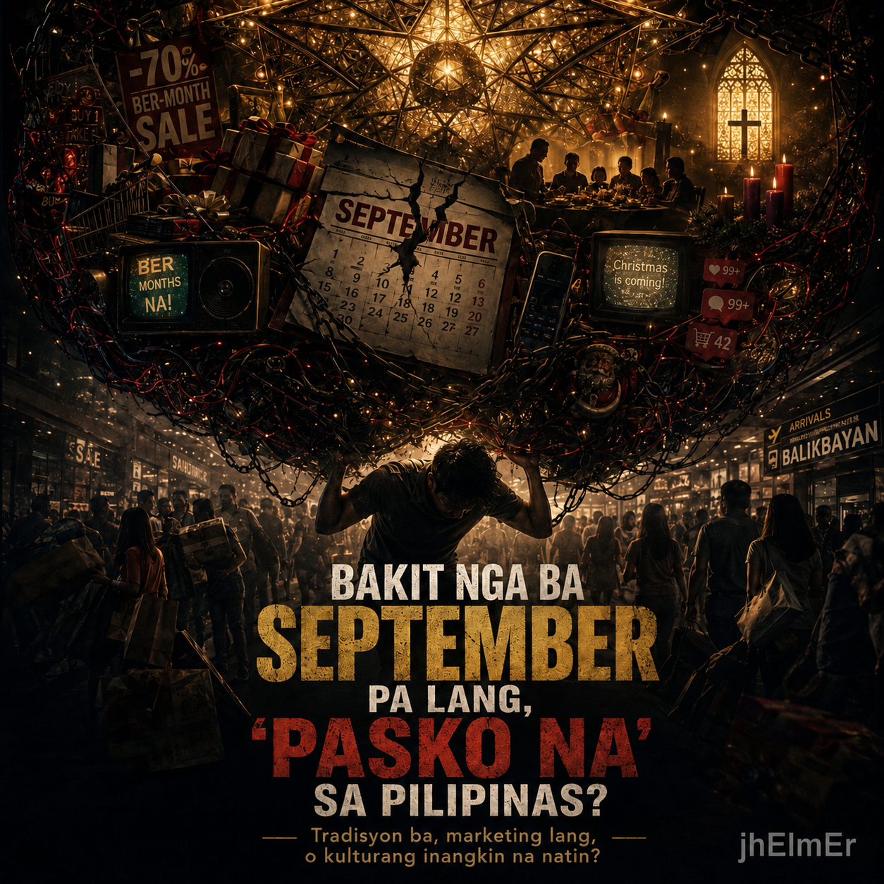 Simbolikong paglalarawan ng maagang pagdiriwang ng Pasko sa Pilipinas—pinagsasama ang relihiyon, kultura, marketing, media, at kasaysayan sa pagbuo ng tradisyong nagsisimula tuwing September.