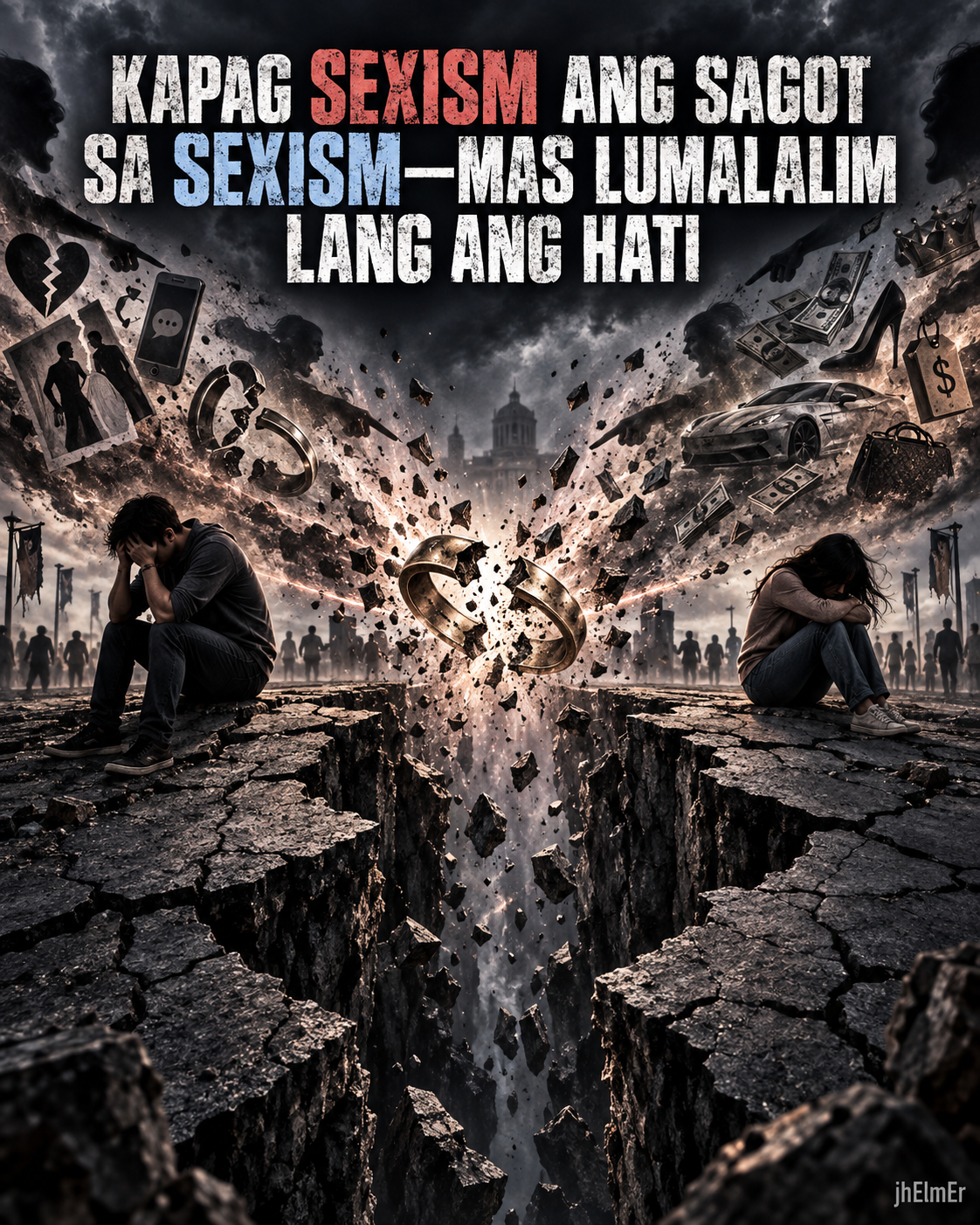 Simbolikong paglalarawan ng lumalalim na hidwaan sa pagitan ng kasarian, kung saan ang sexism ay sinasagot din ng panibagong sexism at lalo lamang pinapalawak ang hati.