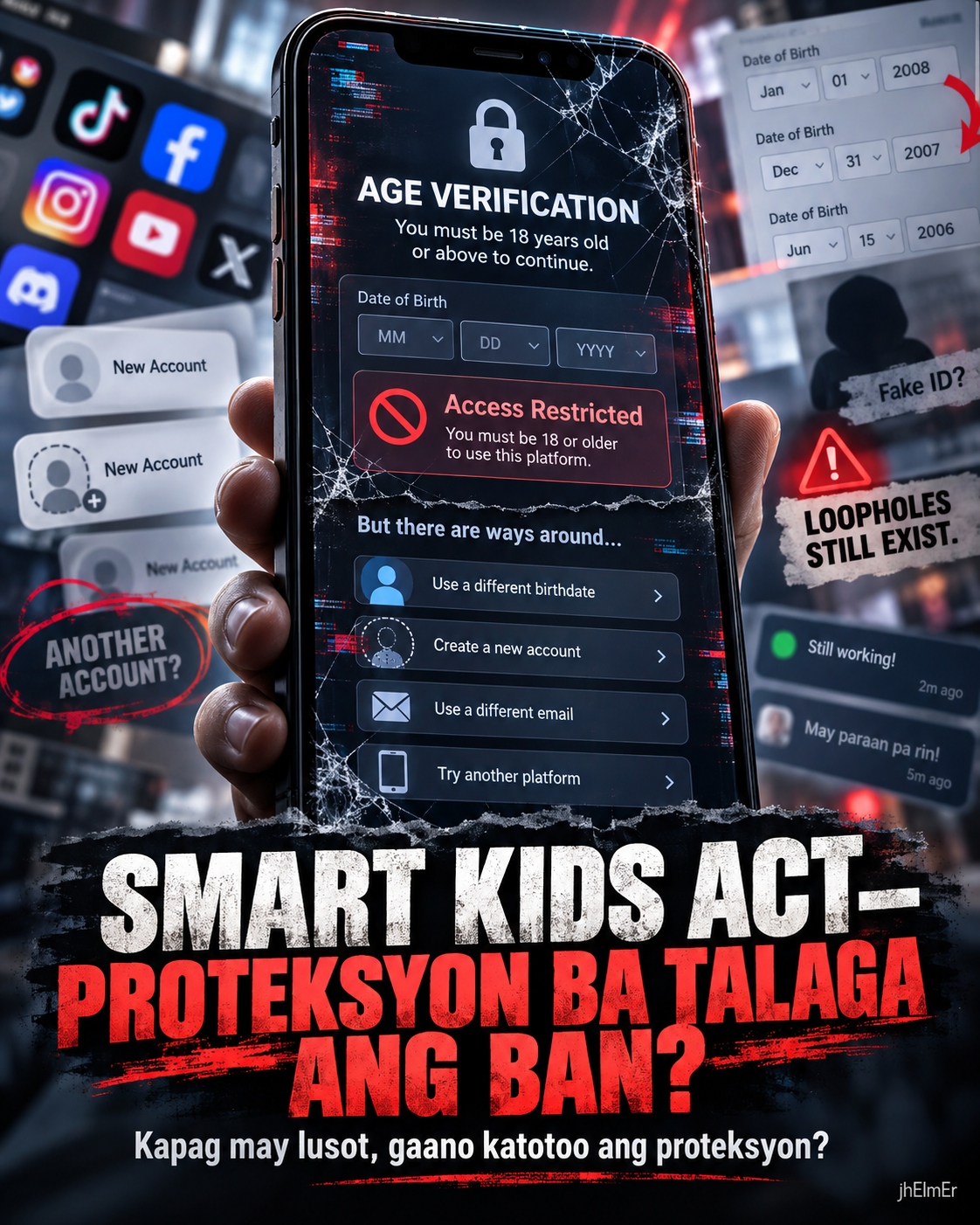 Simbolikong visual ng SMART KIDS Act na may age verification screen, restricted access notice, fake birthdate, panibagong account, at mga posibleng loophole bilang representasyon ng online child safety at enforcement challenges.