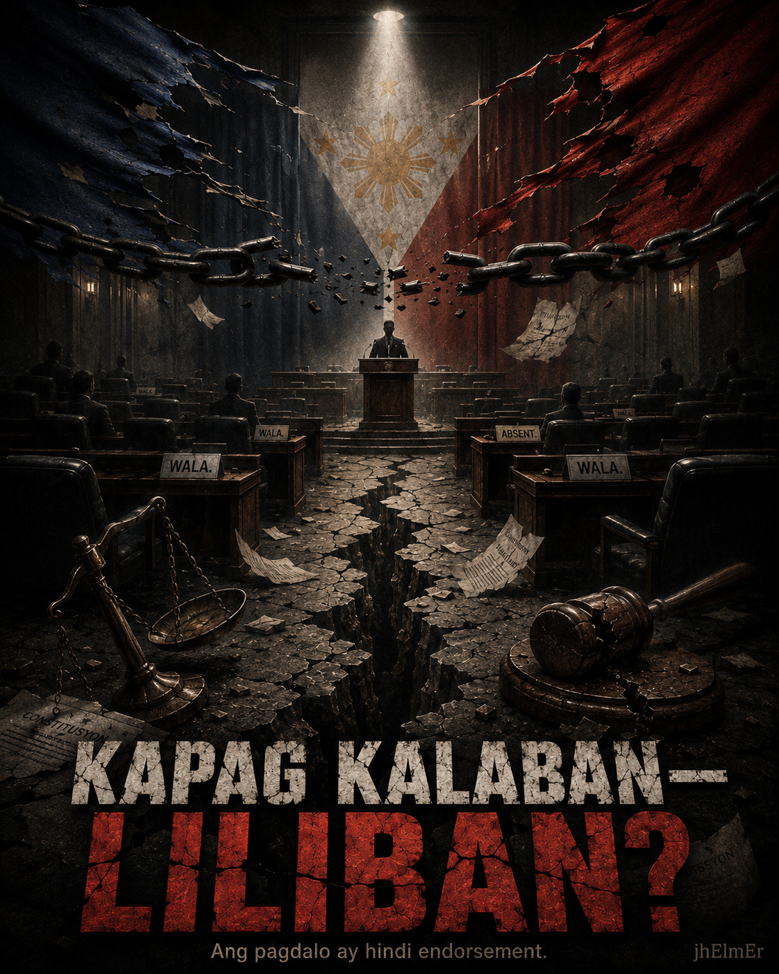 Simbolikong bulwagan ng Kongreso na may mga bakanteng upuan, naputol na tanikala, wasak na sahig, timbangan ng hustisya, at watawat ng Pilipinas na kumakatawan sa pagliban sa SONA, political division, at pananagutan sa bayan