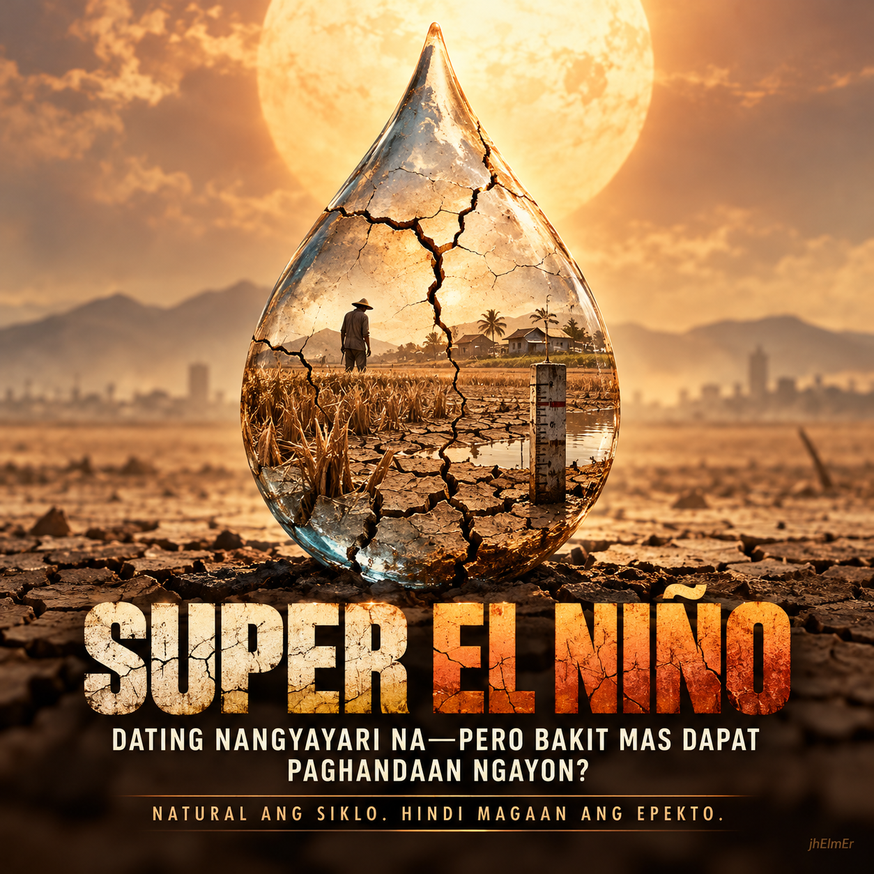 Simbolikong visual ng Super El Niño na may basag na patak ng tubig, tuyong lupa, sakahan, matinding init, at water-level gauge bilang representasyon ng drought, heat risk, at water stress.