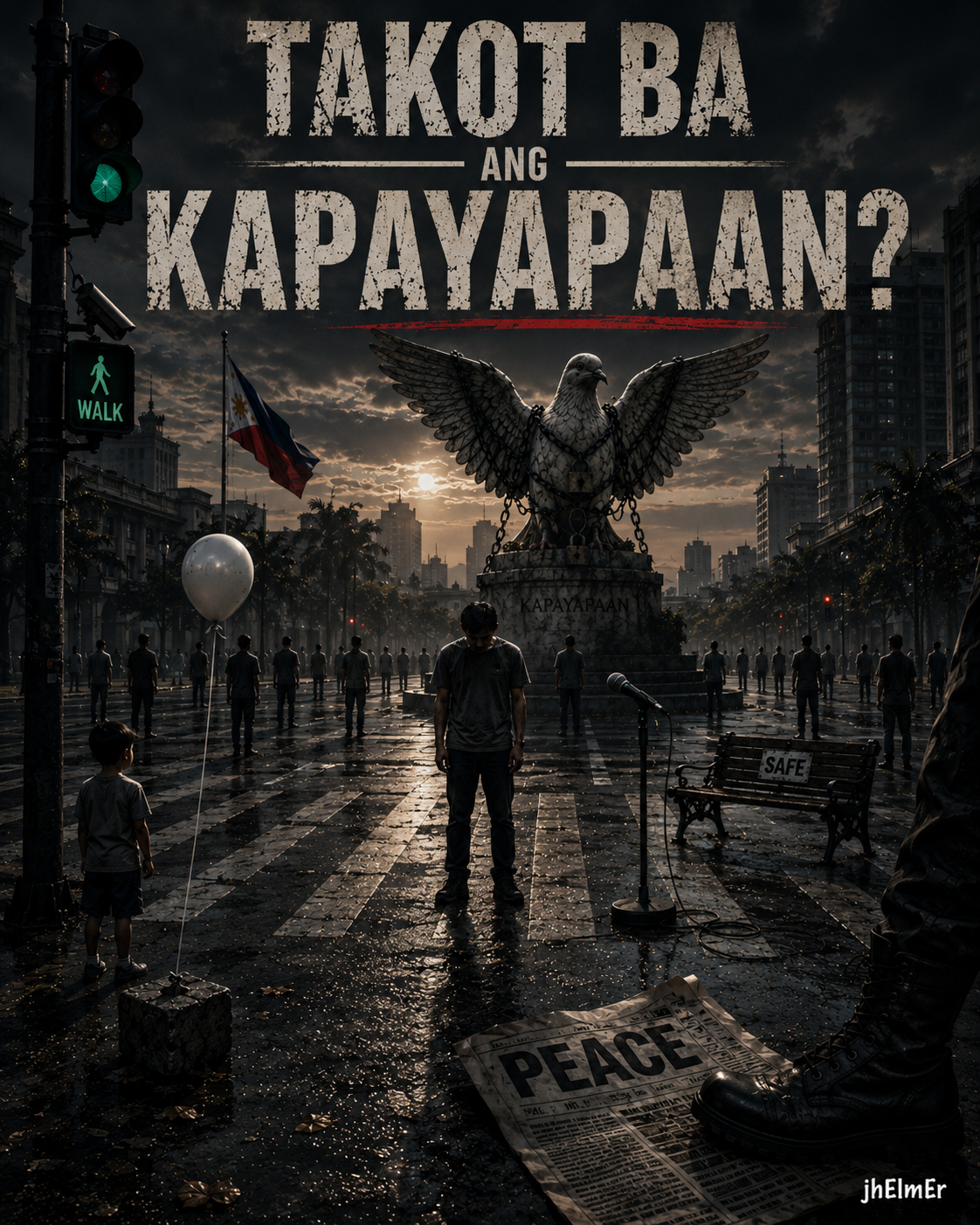 Madilim na lungsod na may nakagapos na kalapati, mga tahimik na mamamayan, mikropono, at mga simbolo ng takot at kapayapaan